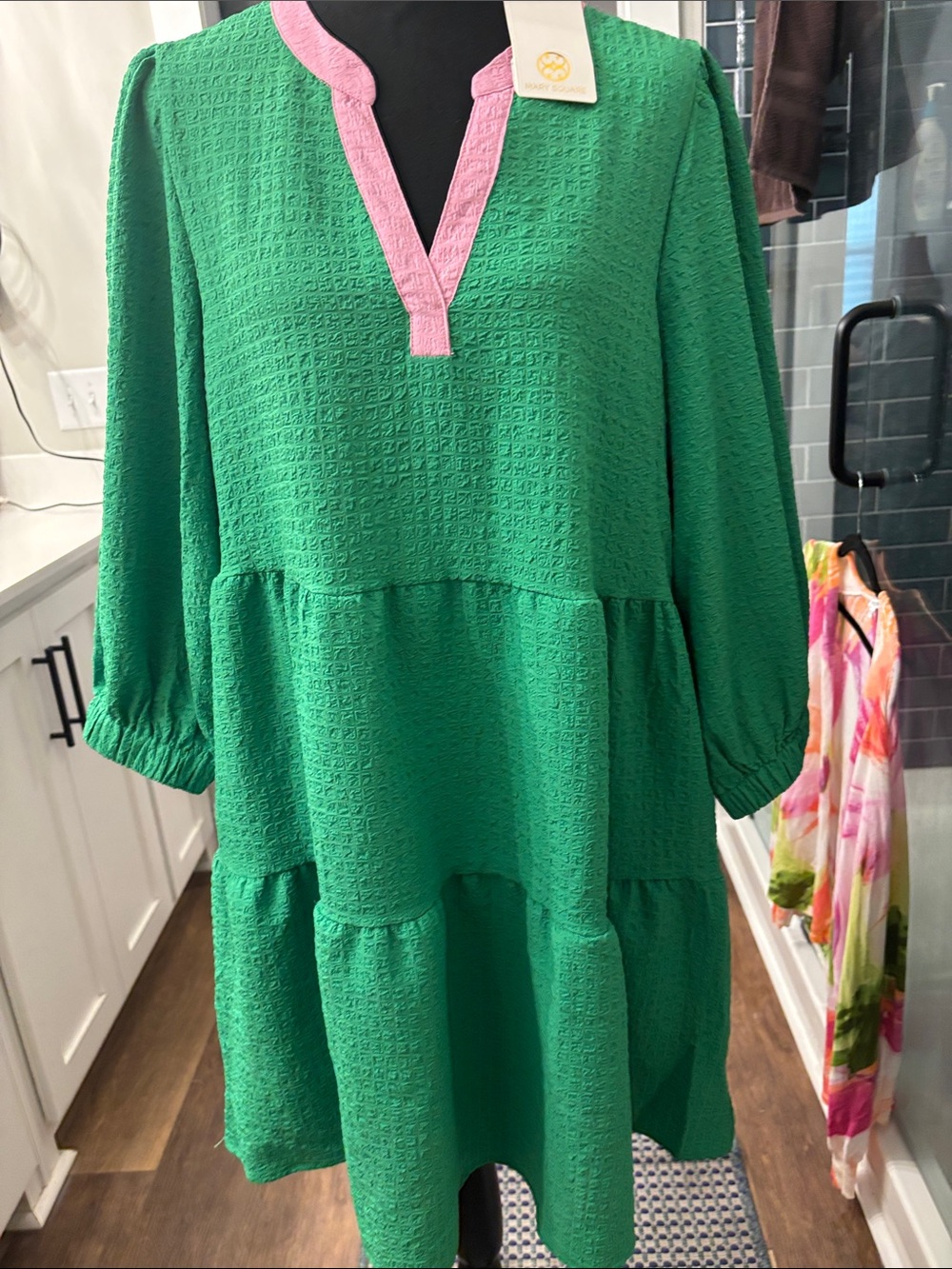 Green Tiered Midi Dress with Pink Trim - Picture 6 of 9